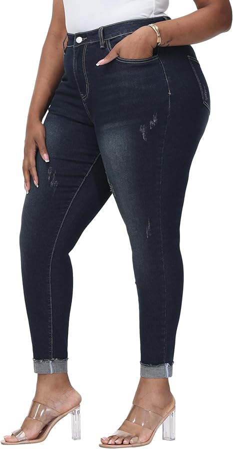 Womens Plus Size Skinny Jeans Stretchy High Waisted Classic Ankle Jean