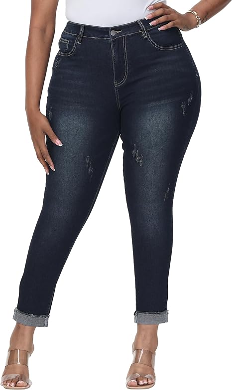 Womens Plus Size Skinny Jeans Stretchy High Waisted Classic Ankle Jean
