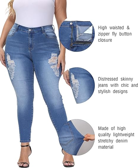 Womens Plus Size Skinny Jeans Stretchy High Waisted Ankle Jean