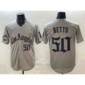 Los Angeles Dodgers #50 Mookie Betts Grey Puhics LA Gothic Style With 2025 World Series Champions Patch Limited Stitched Jersey