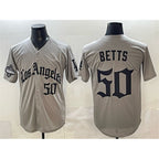 Los Angeles Dodgers #50 Mookie Betts Grey Puhics LA Gothic Style With 2025 World Series Champions Patch Limited Stitched Jersey