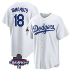 Los Angeles Dodgers #18 Yoshinobu Yamamoto White Puhics 2024 World Series Champions Cool Base Stitched Jersey