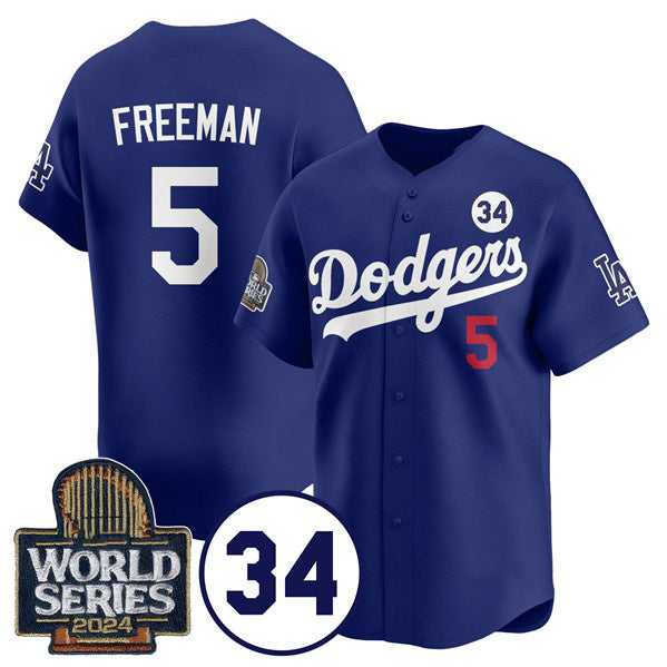 Los Angeles Dodgers #5 Freddie Freeman Royal Puhics 2024 World Series With No. 34 Patch Cool Base Stitched Jersey