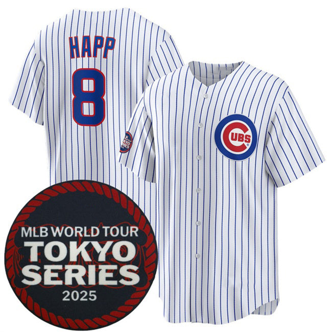 Chicago Cubs #8 Ian Happ White Puhics 2025 World Tour Tokyo Series Home Stitched Jersey