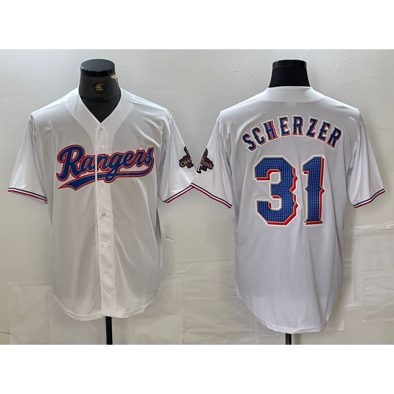 Texas Rangers #31 Max Scherzer White Puhics 2023 World Series Champions Cool Base Jersey