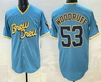 Milwaukee Brewers #53 Brandon Woodruff Powder Blue Puhics 2022 City Connect Cool Base Jerse
