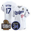 Los Angeles Dodgers #17 Shohei Ohtani White Puhics 2024 World Series With Fernando Memorial Patch Limited Stitched Jersey 2