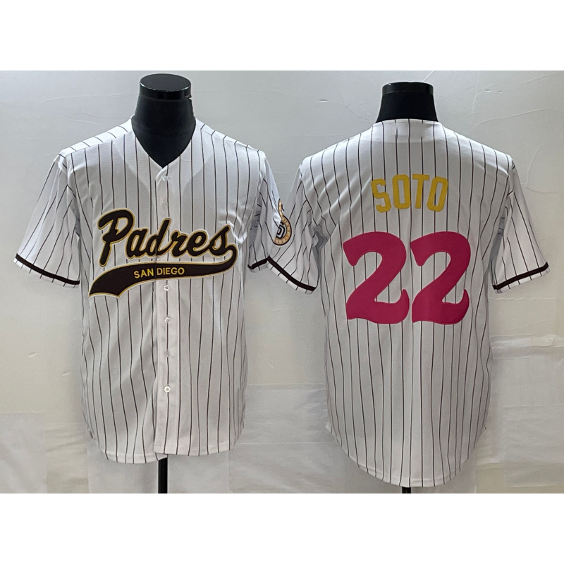 San Diego Padres #22 Juan Soto White Puhics Pinstripe 2023 City Connect Cool Base Stitched Jersey 2