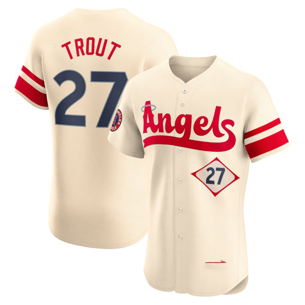 Los Angeles Angels #27 Mike Trout Cream Puhics City Connect Elite Player Jersey