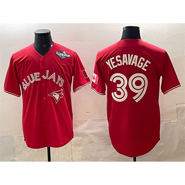 Toronto Blue Jays #39 Trey Yesavage Red Puhics 2025 World Series Cool Base Stitched Jersey