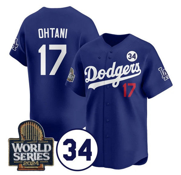 Los Angeles Dodgers #17 Shohei Ohtani Royal Puhics 2024 World Series With No. 34 Patch Cool Base Stitched Jersey