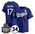 Los Angeles Dodgers #17 Shohei Ohtani Royal Puhics 2024 World Series With No. 34 Patch Cool Base Stitched Jersey