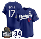 Los Angeles Dodgers #17 Shohei Ohtani Royal Puhics 2024 World Series With No. 34 Patch Cool Base Stitched Jersey