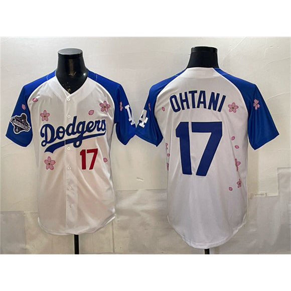 Los Angeles Dodgers #17 Shohei Ohtani White Royal Puhics 2025 World Series Champions Patch Tokyo Series Limited Stitched Jersey