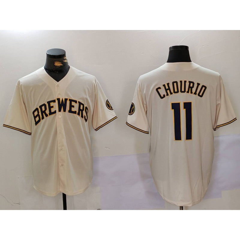 Milwaukee Brewers #11 Jackson Chourio Cream Puhics Stitched Cool Base Jersey 2