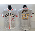 Houston Astros #27 Jose Altuve Number 2023 White Puhics Gold World Serise Champions Patch Flex Base Stitched Jersey