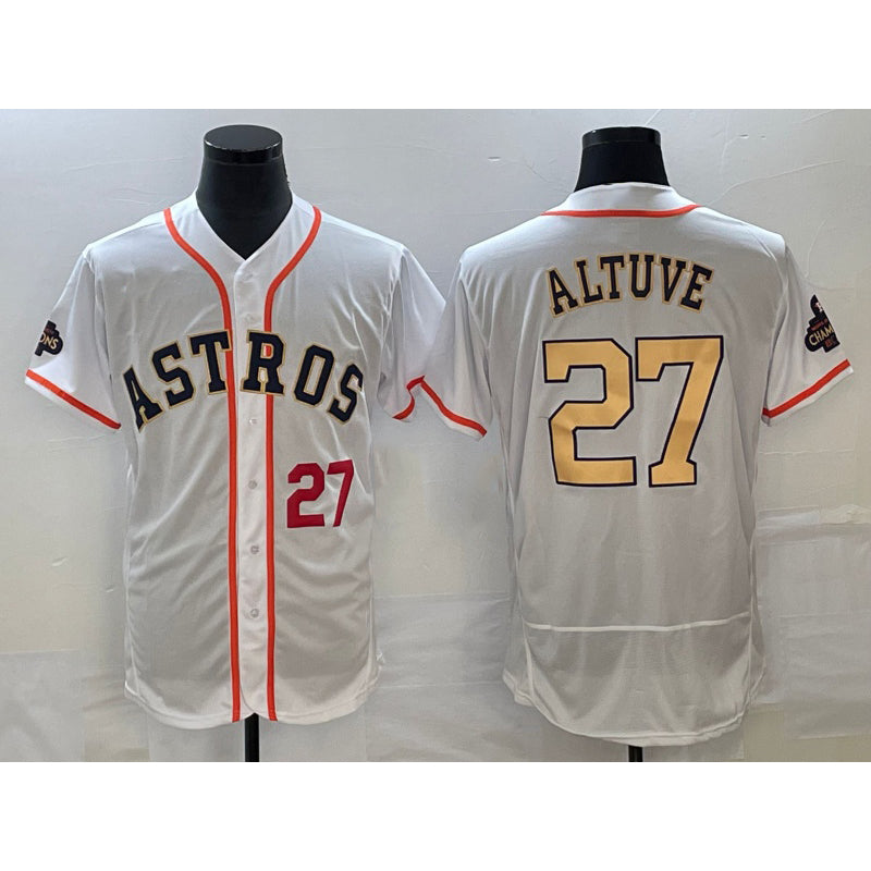 Houston Astros #27 Jose Altuve Number 2023 White Puhics Gold World Serise Champions Patch Flex Base Stitched Jersey