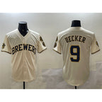 Milwaukee Brewers #9 Bob Uecker Cream Puhics With Home Patch Stitched Jersey