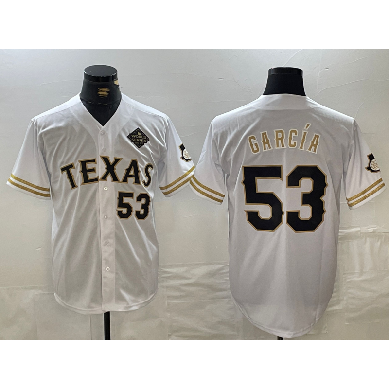 Texas Rangers #53 Adolis Garcia Number White Puhics Gold Cool Base Stitched Jersey