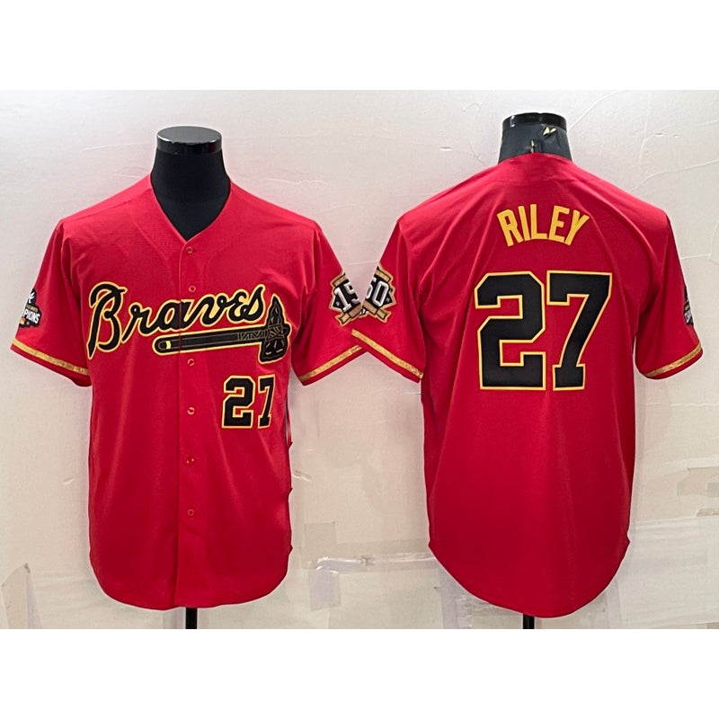 Atlanta Braves #27 Austin Riley Red Gold Puhics World Series Champions Program Cool Base Stitched Jersey