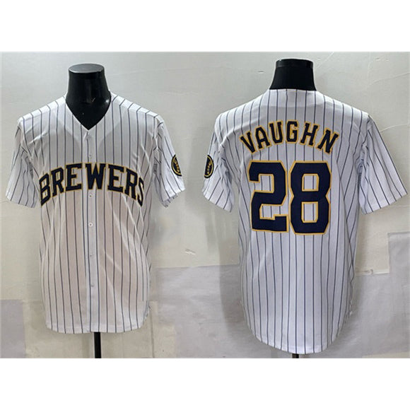 Milwaukee Brewers #28 Andrew Vaughn White Puhics Pinstripe 2025 With Patch Stitched Jersey