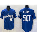 Los Angeles Dodgers #50 Mookie Betts Blue Puhics 2025 LA Gothic Style With Fernando Patch Vapor Premier Limited Stitched Jersey