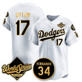 Los Angeles Dodgers #17 Shohei Ohtani White Gold Puhics 2025 World Series With No.34 Patch Limited Stitched Jersey
