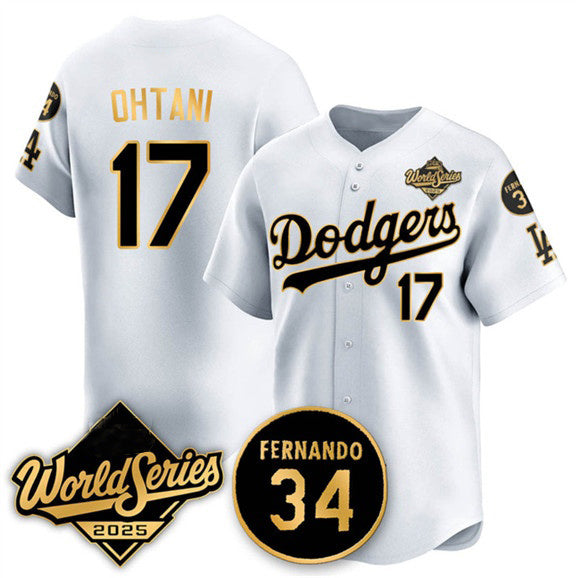 Los Angeles Dodgers #17 Shohei Ohtani White Gold Puhics 2025 World Series With No.34 Patch Limited Stitched Jersey