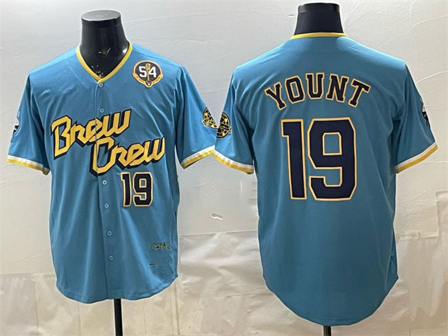Milwaukee Brewers #19 Robin Yount Powder Blue Puhics City Connect With Home & Bob Uecker Patch Limited Stitched Jersey
