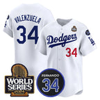 Los Angeles Dodgers #34 Toro Valenzuela White Puhics 2024 World Series With Fernando Memorial Patch Limited Stitched Jersey