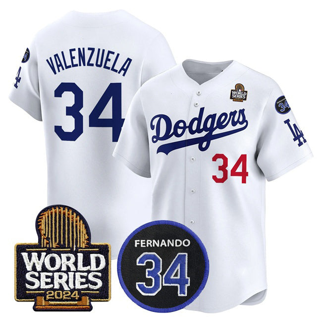Los Angeles Dodgers #34 Toro Valenzuela White Puhics 2024 World Series With Fernando Memorial Patch Limited Stitched Jersey