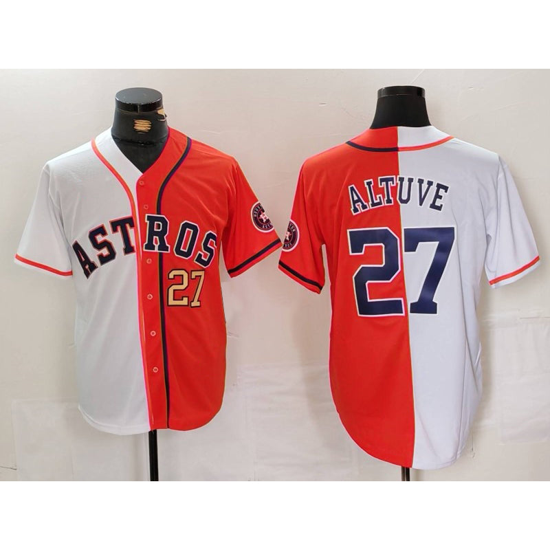 Houston Astros #27 Jose Altuve White Orange Puhics Blue Number Split Stitched Jerseys