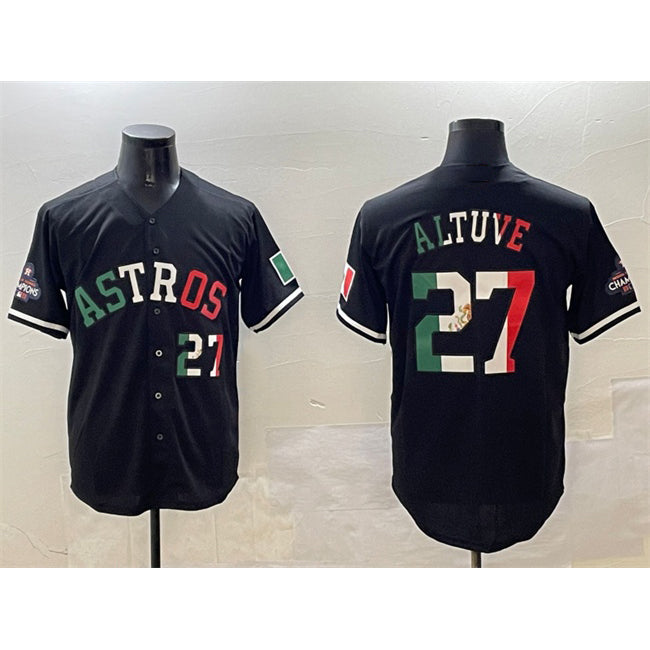 Houston Astros #27 Jose Altuve Black Puhics Mexico With World Serise Champions Patch Cool Base Stitched Jersey 2