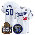 Los Angeles Dodgers #50 Mookie Betts White Puhics 2024 World Series With Fernando Memorial Patch Limited Stitched Jersey