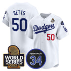 Los Angeles Dodgers #50 Mookie Betts White Puhics 2024 World Series With Fernando Memorial Patch Limited Stitched Jersey