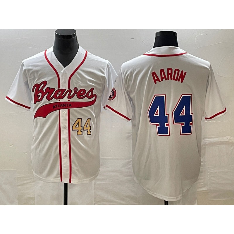Atlanta Braves #44 Hank Aaron Number White Puhics Cool Base With Patch Stitched Jersey