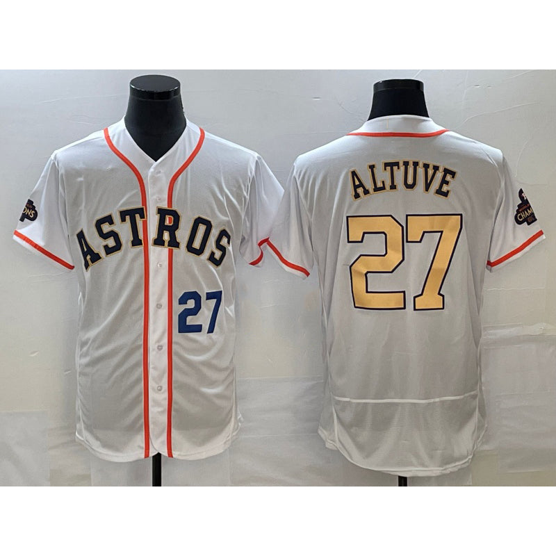 Houston Astros #27 Jose Altuve Number 2023 White Puhics Gold World Serise Champions Patch Flex Base Stitched Jersey 2