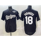 Los Angeles Dodgers #18 Yoshinobu Yamamoto Black Puhics 2025 World Series Patch Cool Base Stitched Jersey