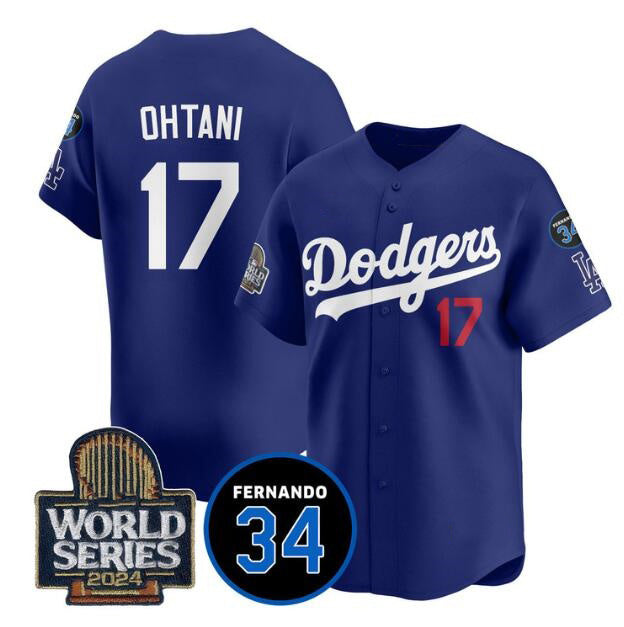 Los Angeles Dodgers #17 Shohei Ohtani Royal Puhics 2024 World Series With Fernando Memorial Patch Limited Stitched Jersey