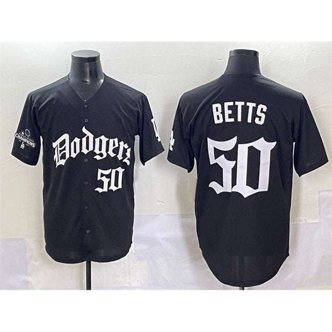 Los Angeles Dodgers #50 Mookie Betts Black Puhics 2025 LA Gothic Style With 2024 World Series Champions Patch Vapor Premier Limited Stitched Jersey