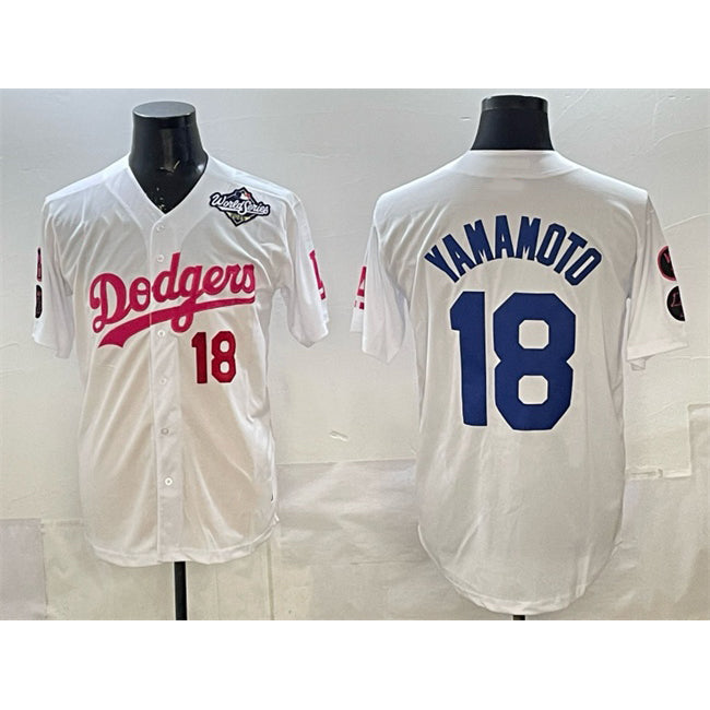 Los Angeles Dodgers #18 Yoshinobu Yamamoto White Puhics Pink 2025 World Series Vin & Kobe Patch Limited Stitched Jersey
