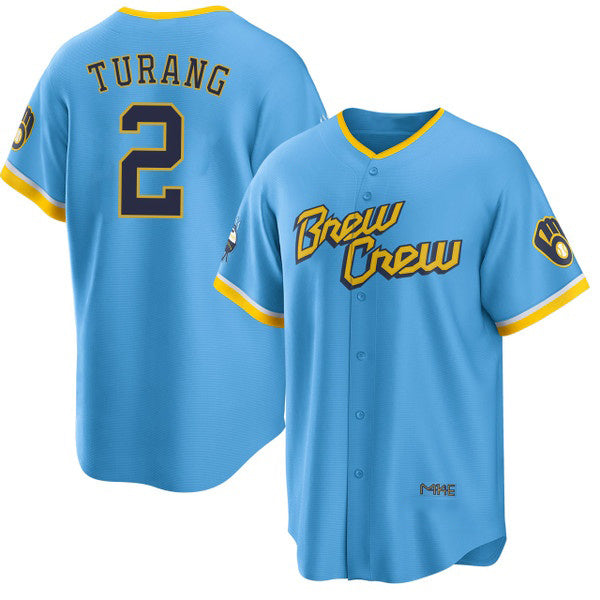 Milwaukee Brewers #2 Brice Turang Blue Puhics 2022 City Connect Cool Base Stitched Jersey