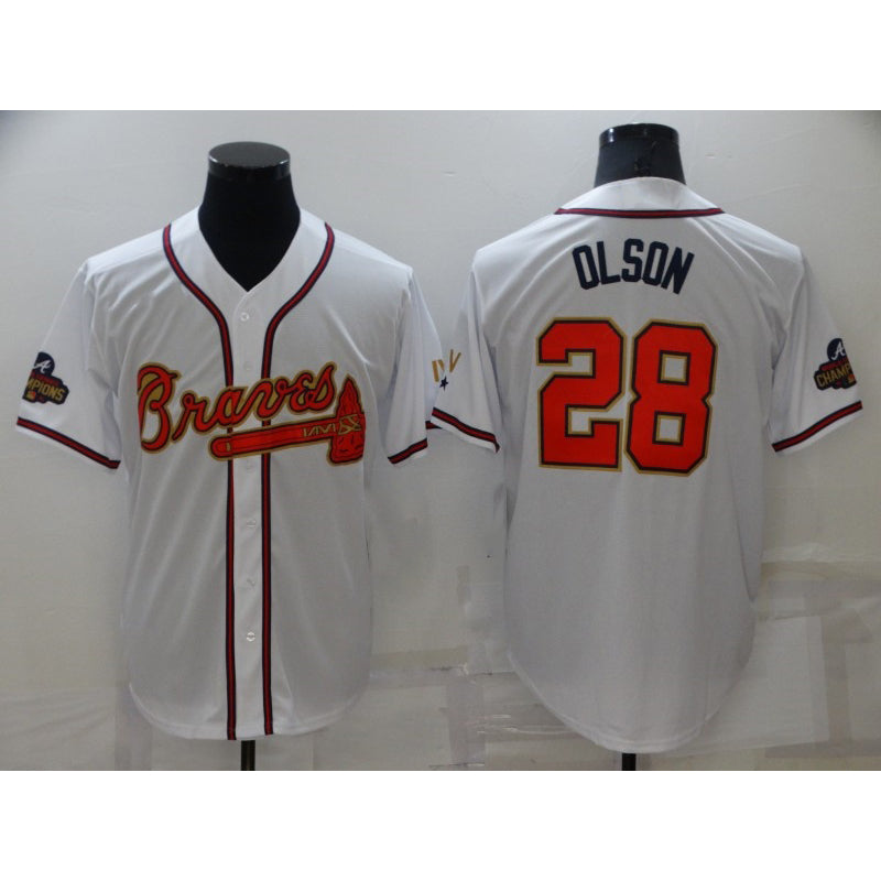 Atlanta Braves #28 Matt Olson 2022 White Gold Puhics World Series Champions Program Cool Base Stitched Jersey
