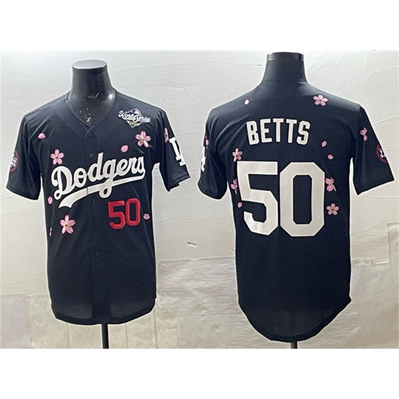 Los Angeles Dodgers #50 Mookie Betts Black Puhics 2025 World Series Patch Tokyo Series Limited Stitched Jersey