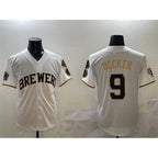 Milwaukee Brewers #9 Bob Uecker White Gold Puhics With Home Patch Limited Stitched Jersey