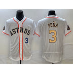 Houston Astros #3 Jeremy Pena Number 2023 White Gold Puhics World Serise Champions Patch Flex Base Stitched Jersey 3