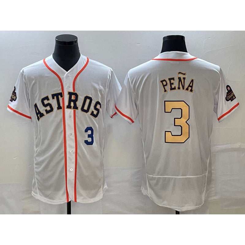 Houston Astros #3 Jeremy Pena Number 2023 White Gold Puhics World Serise Champions Patch Flex Base Stitched Jersey 3