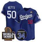 Los Angeles Dodgers #50 Mookie Betts Royal Puhics 2024 World Series With Fernando Memorial Patch Limited Stitched Jersey