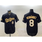 Los Angeles Dodgers #8 Enrique Hern¨¢ndez Black Gold Puhics 2024 World Series With Fernando Memorial Patch Home Limited Stitched Jersey