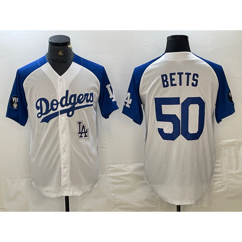 Los Angeles Dodgers #50 Mookie Betts White Puhics Blue Fashion Stitched Cool Base Limited Jersey 2